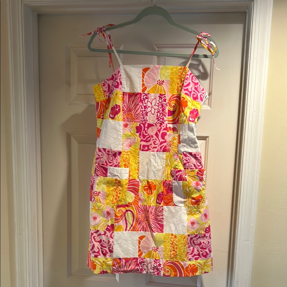 Lilly Pulitzer Pink and Orange Patchwork Pattern Spaghetti Strap Sundress